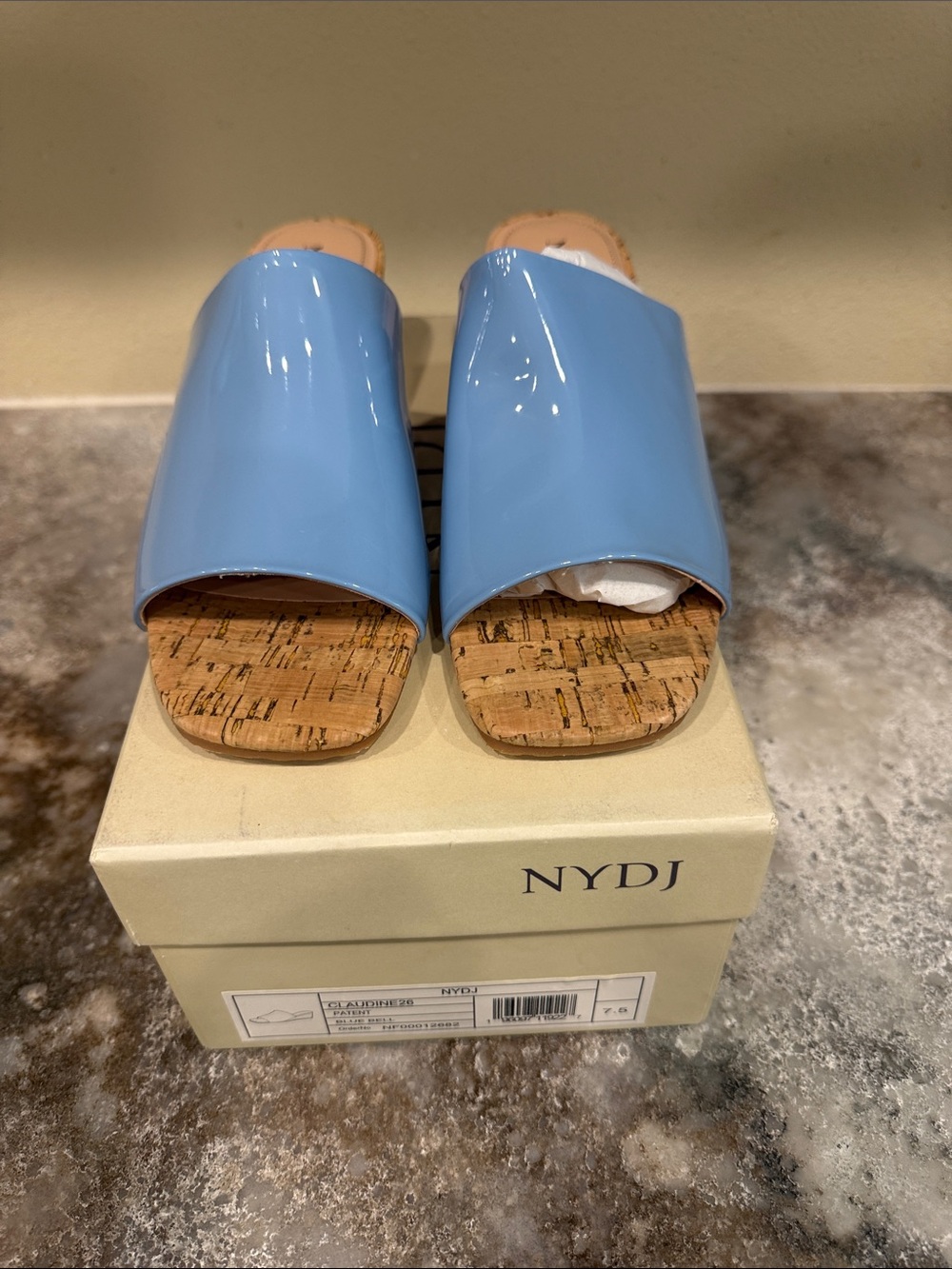 NYDJ Sky Blue Patent Cork Slide Heels